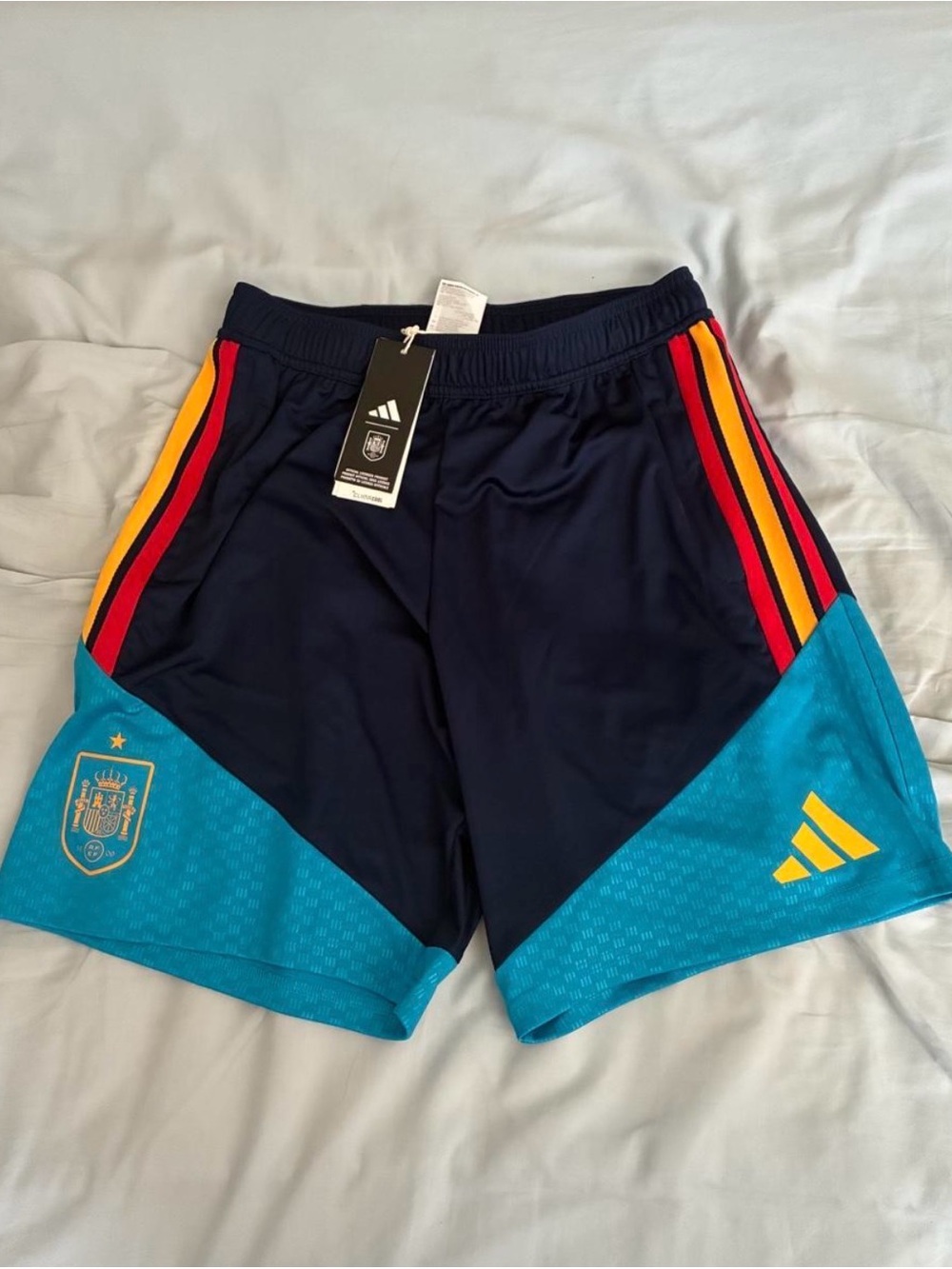 adidas Men’s Navy Athletic Shorts with Teal and Red/Yellow Trim